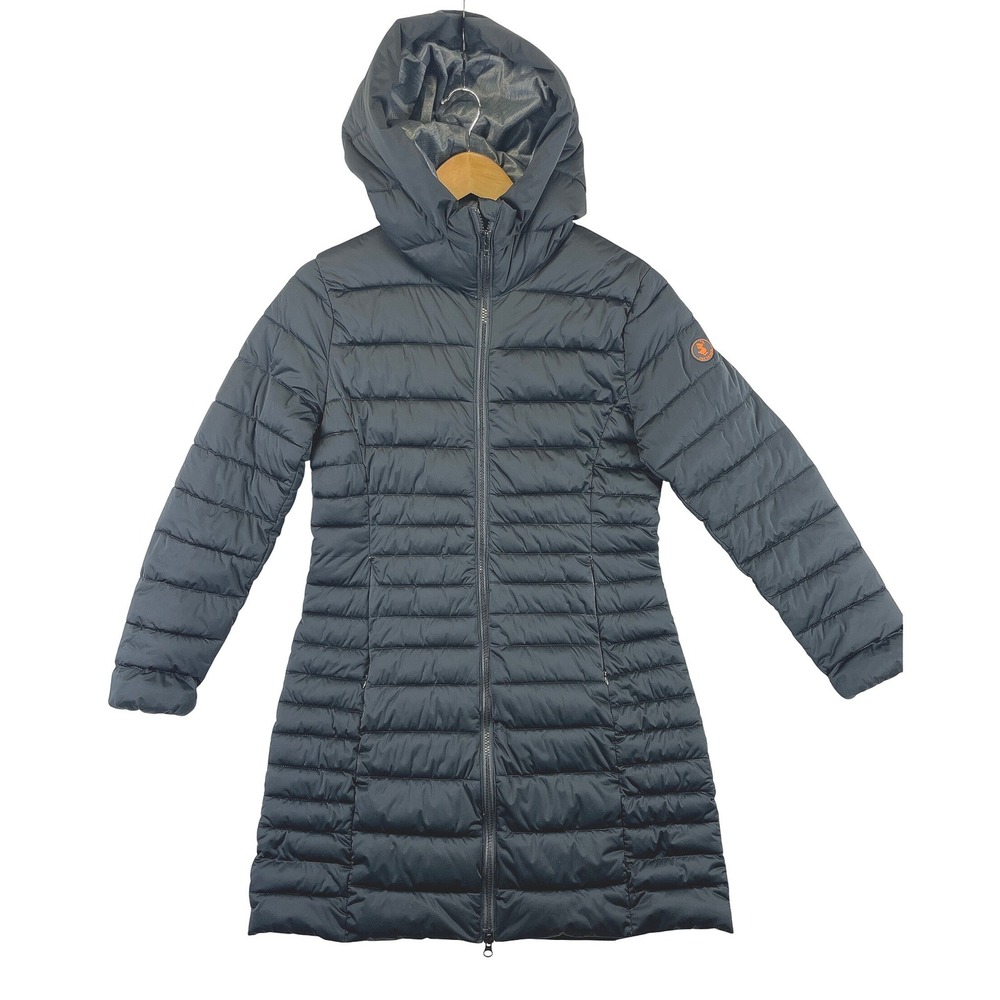 Save The Duck Women's 2 M Black Stretch Puffer Coat Long Hooded Parka Winter - Picture 1 of 16